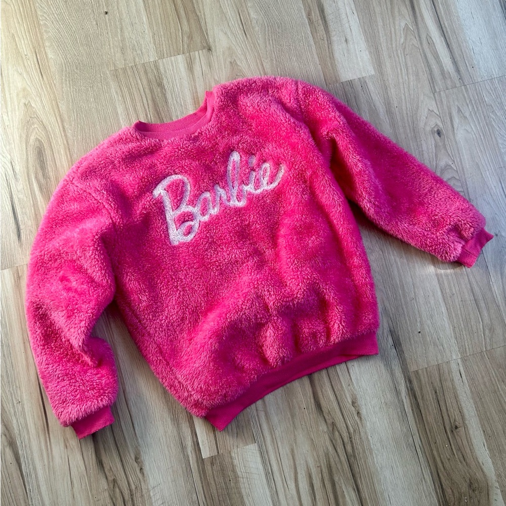 BARBIE Girls Fuzzy Cozy Pullover Fur Sweatshirt Crewneck Pink w/Logo - Sz 11-12